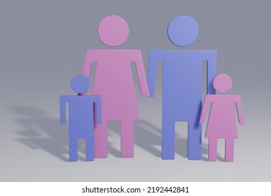 3D Render Of A Family Of Four Made Out Of Pink And Blue Bathroom Sign Style Stick Figures