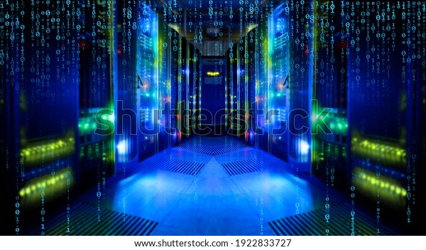 3D render fantastic view of the mainframe in the\
data center rows