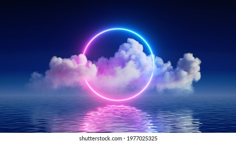 3d render, fantasy background with glowing neon ring and white cloud above the calm water. Abstract seascape
