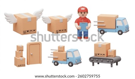 3D render of fast delivery process. Flying boxes, delivery trucks, a delivery man with a clipboard, and packages on a conveyor belt.