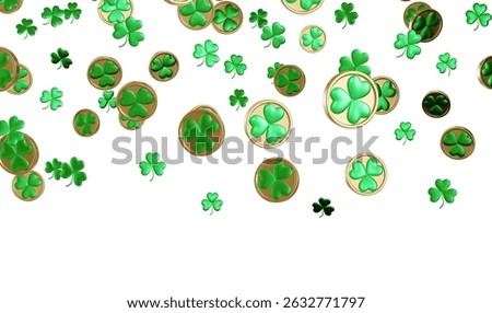 A 3D render features green clovers and gold coins falling down against white background, symbolizing luck and wealth commonly associated with St. Patrick's day festivities. Header. 3D Illustration