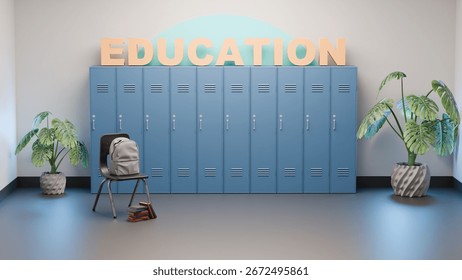 3D render featuring bold 'Education' text with school lockers, chair, backpack, and decorative plants symbolizing academic learning and classrooms.