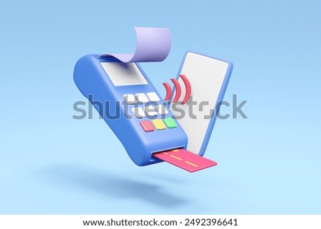 3D render featuring a card reader, mobile phone,a credit card, a bill, and a WiFi signal to illustrate the concept of contactless payments.