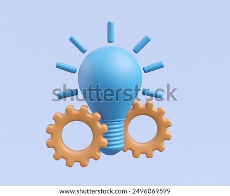 3D render featuring icons of a light bulb and gears. The light bulb symbolizes new ideas, creativity, and innovation, while the gears represent mechanisms, processes, and the execution of ideas