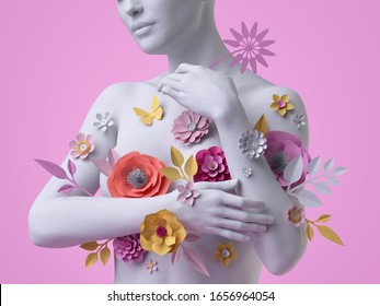 3d Render, Female Bust, White Mannequin Covered With Colorful Paper Flowers, Woman Silhouette Isolated On Pink Background. Breast Cancer Support. Floral Fashion Concept. Modern Botanical Sculpture