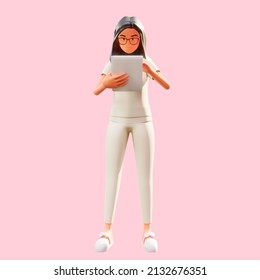 3d Render Female Character Holding Tablet Device