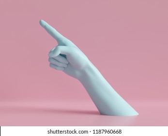 3d render, female hand isolated, finger up, pointing gesture, direction symbol, shop display, minimal fashion background, mannequin body part, show, presentation, pink blue pastel colors