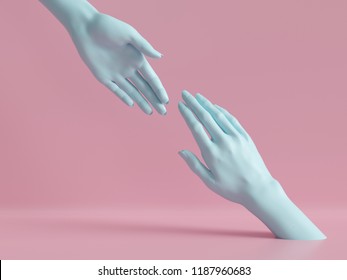 3d render, female hands isolated, minimal fashion background, mannequin body parts, helping hands, partnership concept, pink blue pastel colors