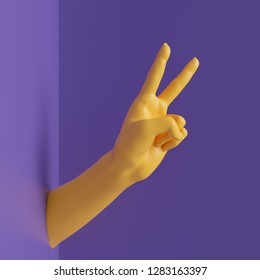 3d render, female hands isolated, party rock gesture, victory sign, shop display, minimal fashion background, mannequin body part, violet yellow bright colors