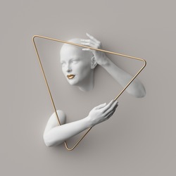 3d Render, Female Mannequin Body Parts Inside Golden Triangular Frame, Isolated On White Background. Bold Head, Beautiful Face, Hands. Jewelry Shop Showcase. Fashion Concept. Modern Minimal Portrait