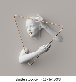 3d Render, Female Mannequin Body Parts Inside Golden Triangular Frame, Isolated On White Background. Bold Head, Beautiful Face, Hands. Jewelry Shop Showcase. Fashion Concept. Modern Minimal Portrait