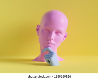 3d render  female mannequin head  hand  fashion concept  isolated object  minimal yellow background  shop display  pink blue body parts  pastel colors
