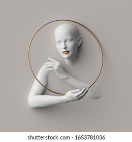 3d Render, Female Portrait Inside Golden Round Frame, Mannequin Body Parts Isolated On White Background. Bold Head, Beautiful Face, Hands. Product Display For Jewelry Shop. Minimal Fashion Showcase