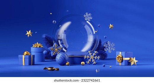 3d render, festive blue background with Christmas ornaments, empty glass snow ball, wrapped gift boxes and spruce twigs. Modern holiday banner template