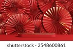 3d render of a festive Chinese New Year celebration, with a luxurious red and gold podium display with lanterns, paper fans. Background for advertising,  promotional poster or flyer.