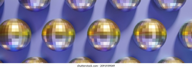 3d render of festive shiny dico balls pattern banner on a violet color of the year 2022 background