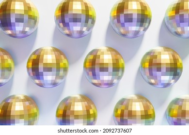 3d render of festive shiny dico balls pattern on a white background with color of the year 2022 