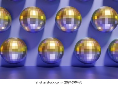 3d render festive shiny dico balls pattern scene with a violet color of the year 2022 banner