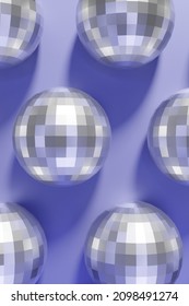 3d render of festive shiny dico balls pattern on a violet color of the year 2022 background