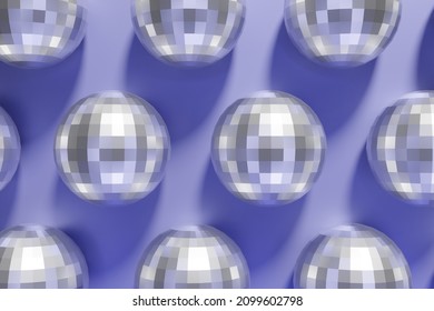 3d render of festive shiny dico balls pattern on a violet color of the year 2022 background