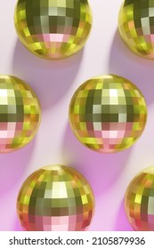 3d render of festive shiny gold dico balls pattern on a pastel pink background