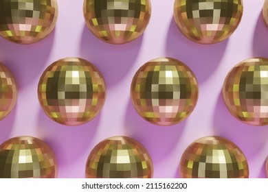 3d render of festive shiny gold dico balls pattern on a pastel pink background