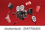 3D render of film industry elements - camera, tickets, popcorn, cinema chair. Background for advertising cinema, online viewing, video broadcasts.