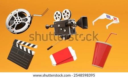 3D render of film industry elements - camera, tickets, popcorn, cinema chair. Background for advertising cinema, online viewing, video broadcasts.