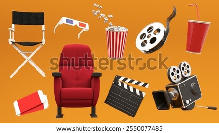 3D render of film industry elements - camera, tickets, popcorn, cinema chair. Background for advertising cinema, online viewing, video broadcasts.