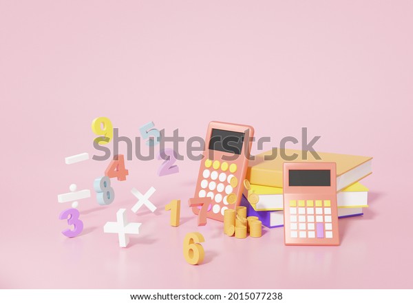 3D render Finance education concept.\
calcalator, coins, book basic math operation symbols math, plus,\
minus, multiplication, number divide on pink background. Mathematic\
calculate.\
illustration