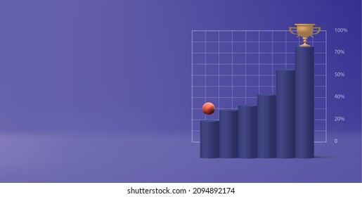 3d Render Of Financial Charts With Red Arow Pointing On A Trophy On The Highest Column. Earnings Statistics Illustration. Copy Space