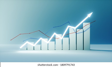 3d Render Of Financial Data Rising Bar With Illuminated Graph Growing, Chart Business Growth On White Background,front View