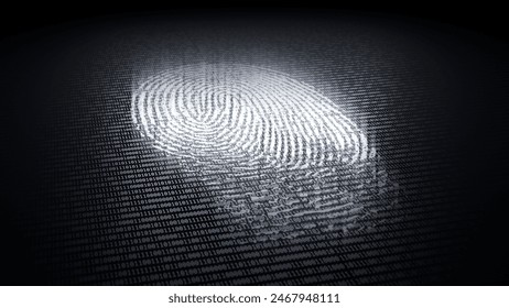 3d render of fingerprint on a surface of ones and zeros.