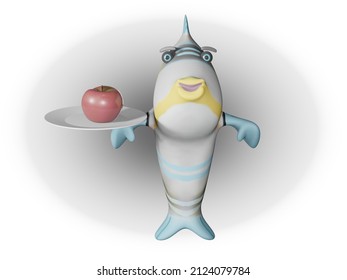 3D render of Fish and apple