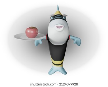 3D render of Fish and apple