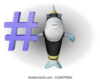 3D render of Fish and Hashtag