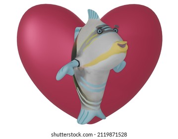 3D render of Fish and Heart and white background