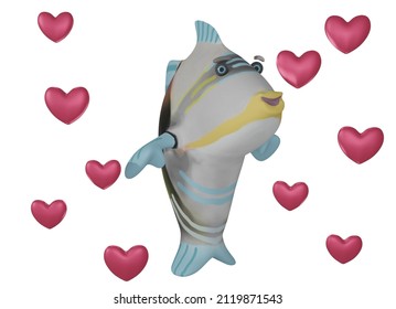 3D render of Fish and Hearts and white background