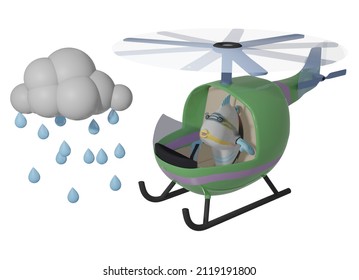 3D render of Fish and Helicopter and rain and clouds