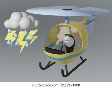 3D render of Fish and Helicopter and rain and lightening