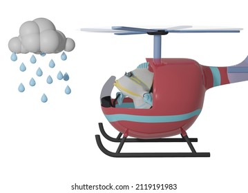 3D render of Fish and Helicopter and rain and clouds