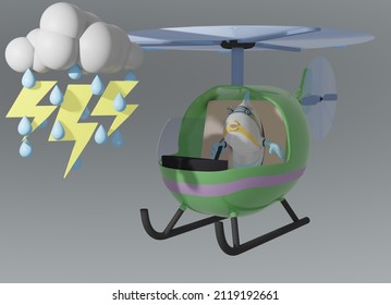 3D render of Fish and Helicopter and rain and lightening
