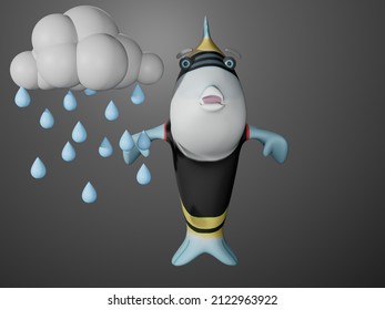 3D render of Fish and rain and clouds