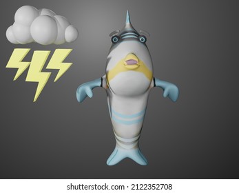3D render of Fish and rain and lightening