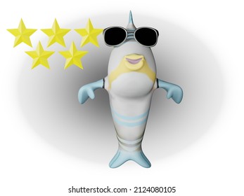 3D render of Fish and Sunglasses and 5 stars