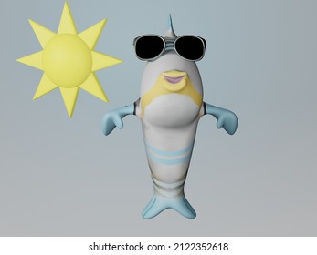 3D render of Fish and Sunglasses and sunny sky