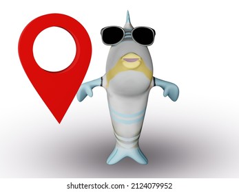 3D render of Fish and Sunglasses and Way point