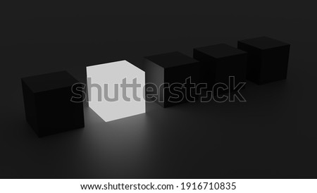 A 3D render of five black cubes and one lighted cube on black background 