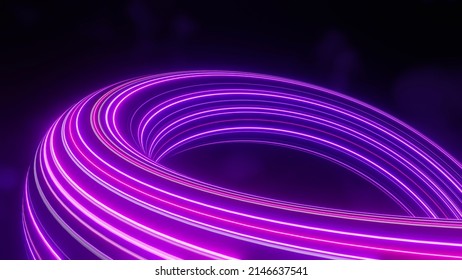 3d Render Of Flash Neon And Light Glowing On Dark Scene. Speed Light Tunnel Through The City Or Urban. Technology Internet Of Future Network. Sci Fiction Of Hyperspace Interstellar Travel.