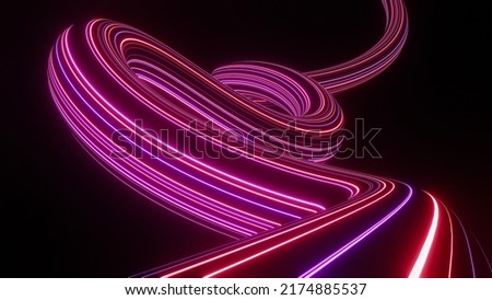 3d render of flash neon and light glowing on dark scene. Speed light moving lines.
